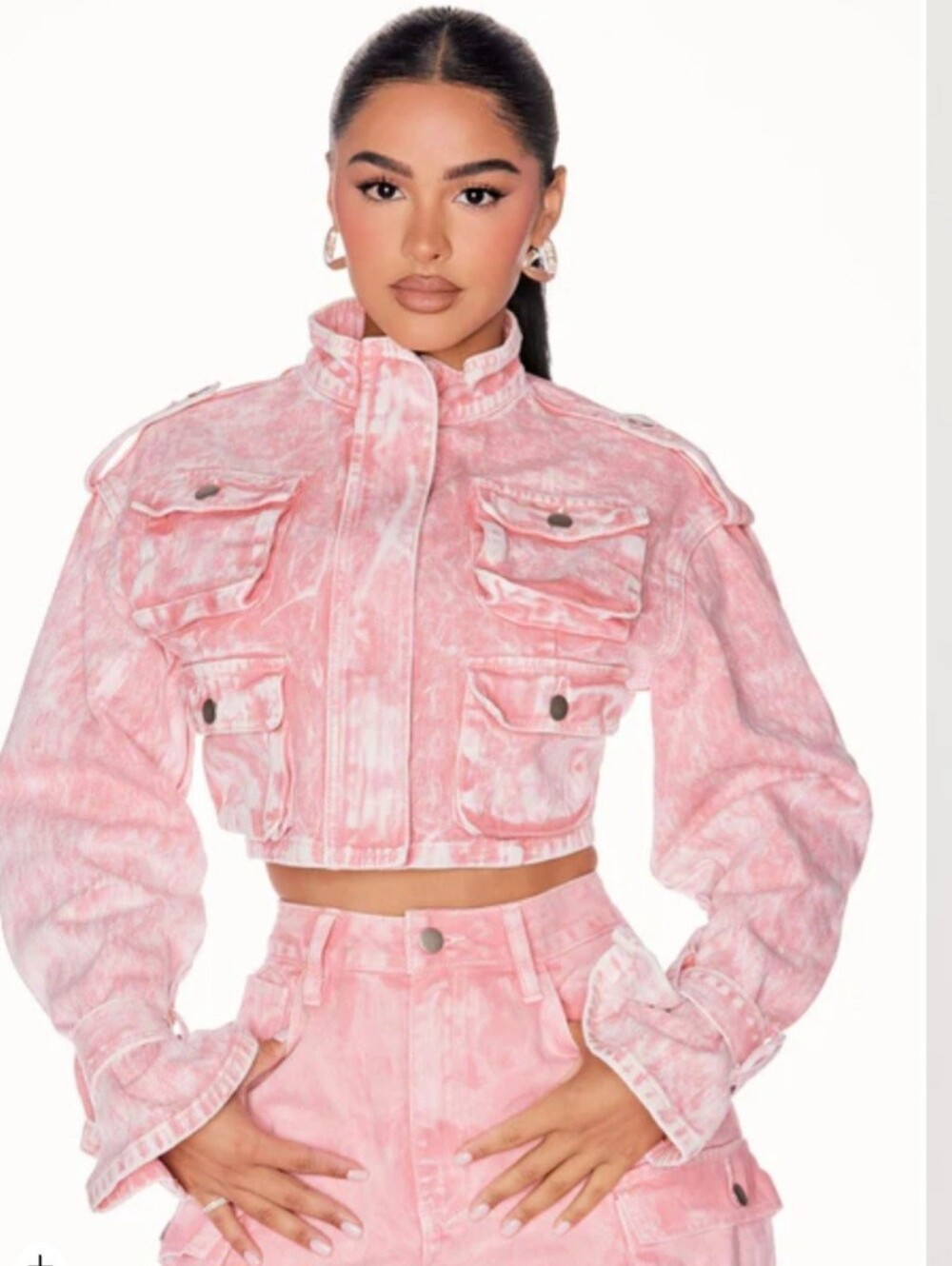 Fashion Nova Pink Acid-Wash Cropped Denim Jacket